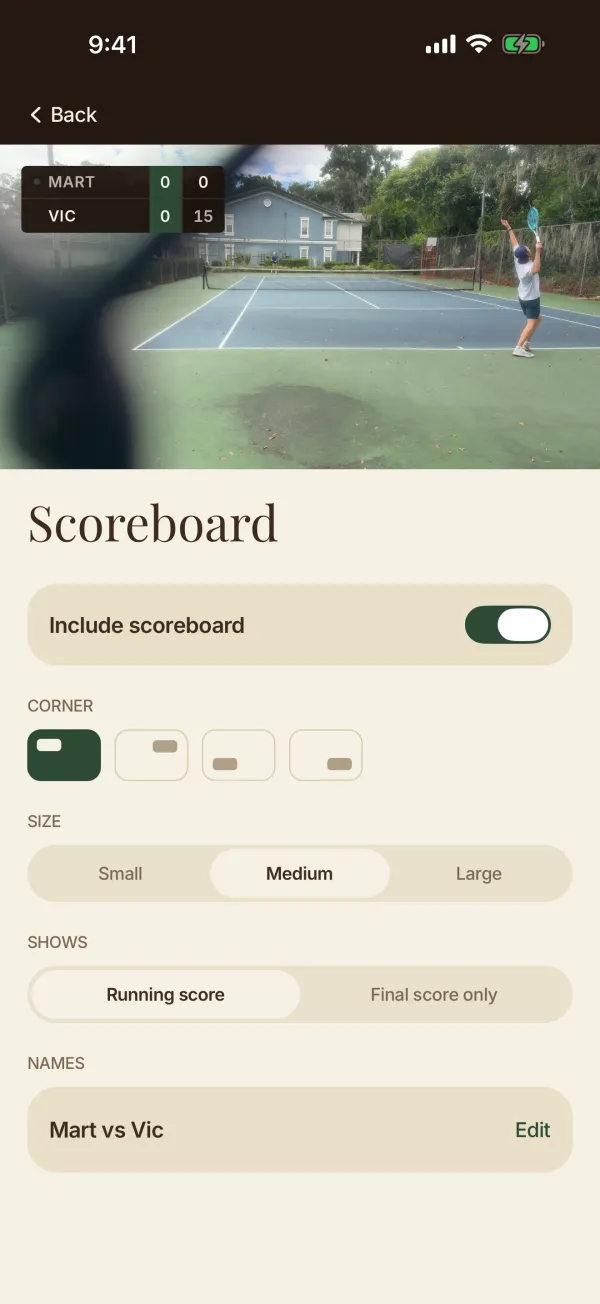 The scoreboard settings: include it or not, which corner, what size, the running score or the final score only, and the names.