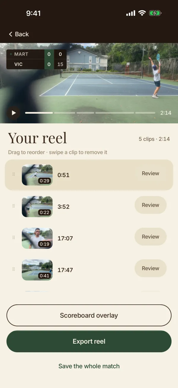 Your reel: five starred clips, 2 minutes 14 in all, with the scoreboard in the corner of the preview.