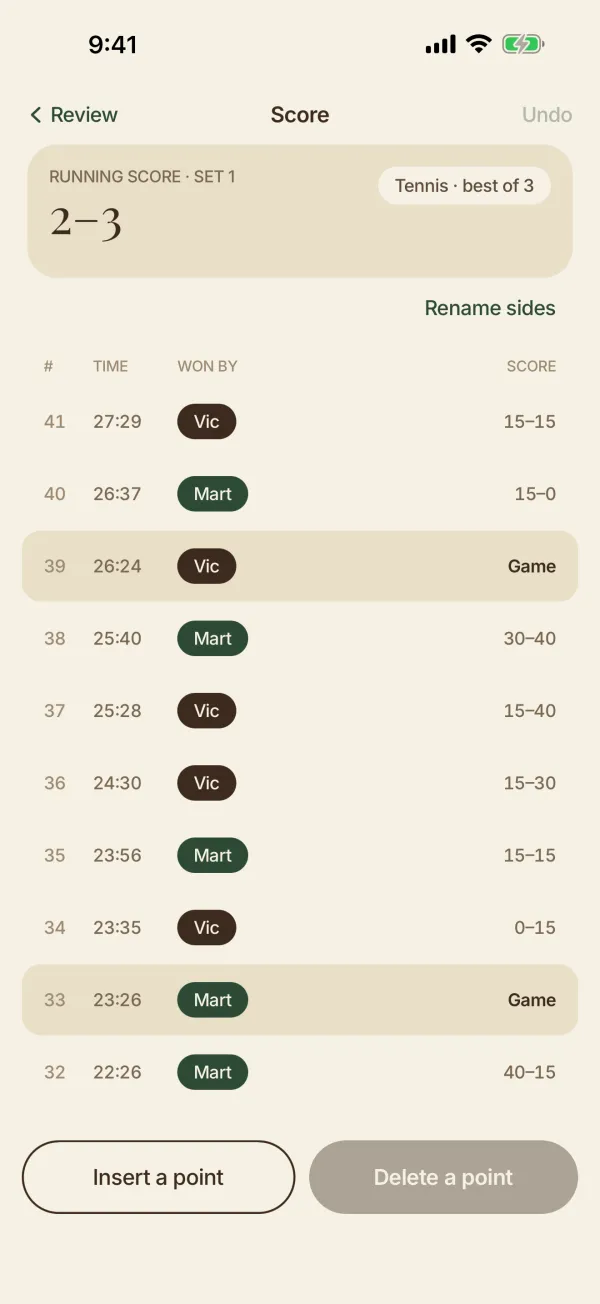 The score editor. Each point in order with its time, who won it and the score after it. The set stands at 2 to 3.