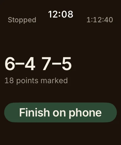 The watch after the match: 6–4 7–5, 18 points marked, and Finish on phone.