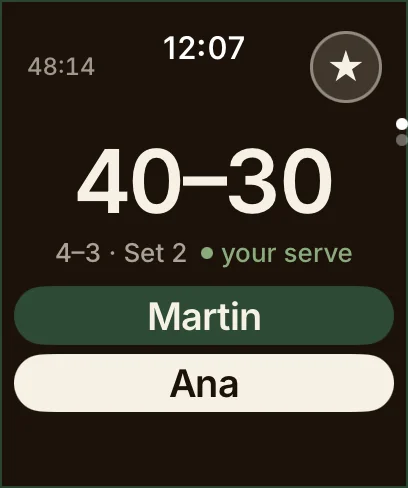 The watch during a match: 40–30, four games to three in the second set, your serve, with a button for each player.